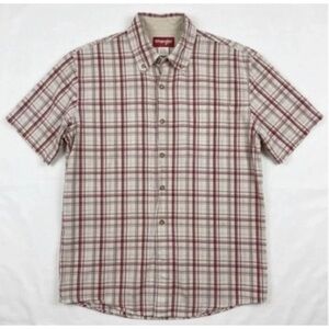 Wrangler Men’s Short Sleeve Plaid Button-Up Shirt in Red and Cream